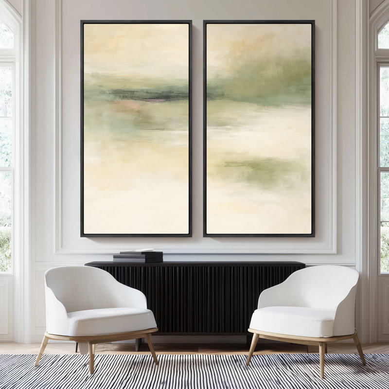 «Soft Minimal Landscape Abstract» pour entrée - ensemble de 2 reproductions d'art encadrées sur toile 60 po, 2 pièces, Noir