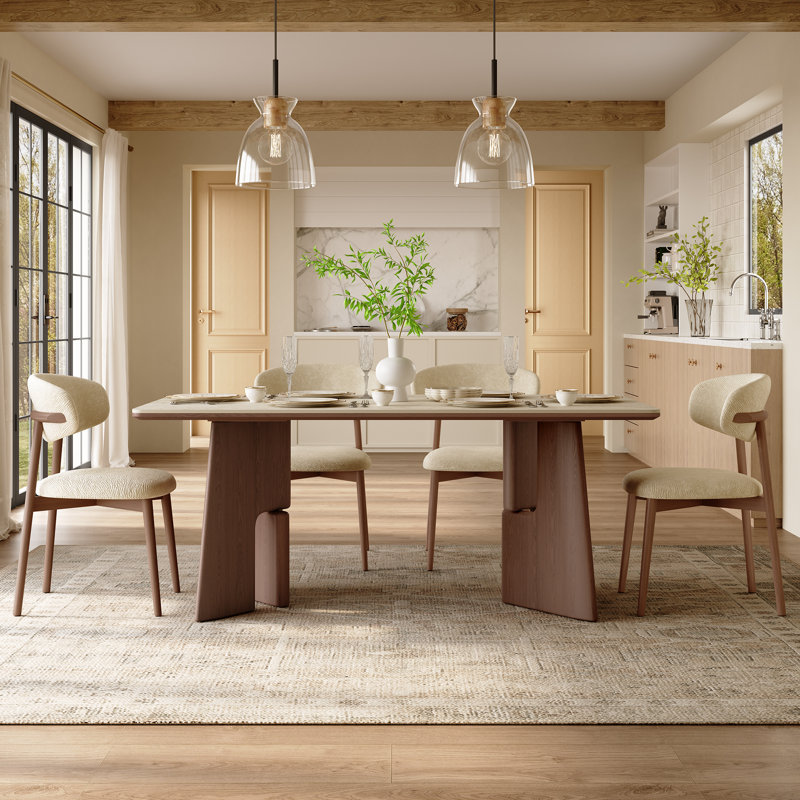 Table de salle à manger 71 po avec plateau en travertin unique et pieds en bois de frêne massif