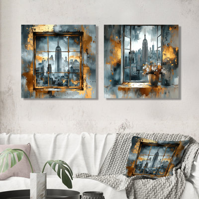 «Gold Empire State Windows View Nyc I», art mural industriel 2 pièces