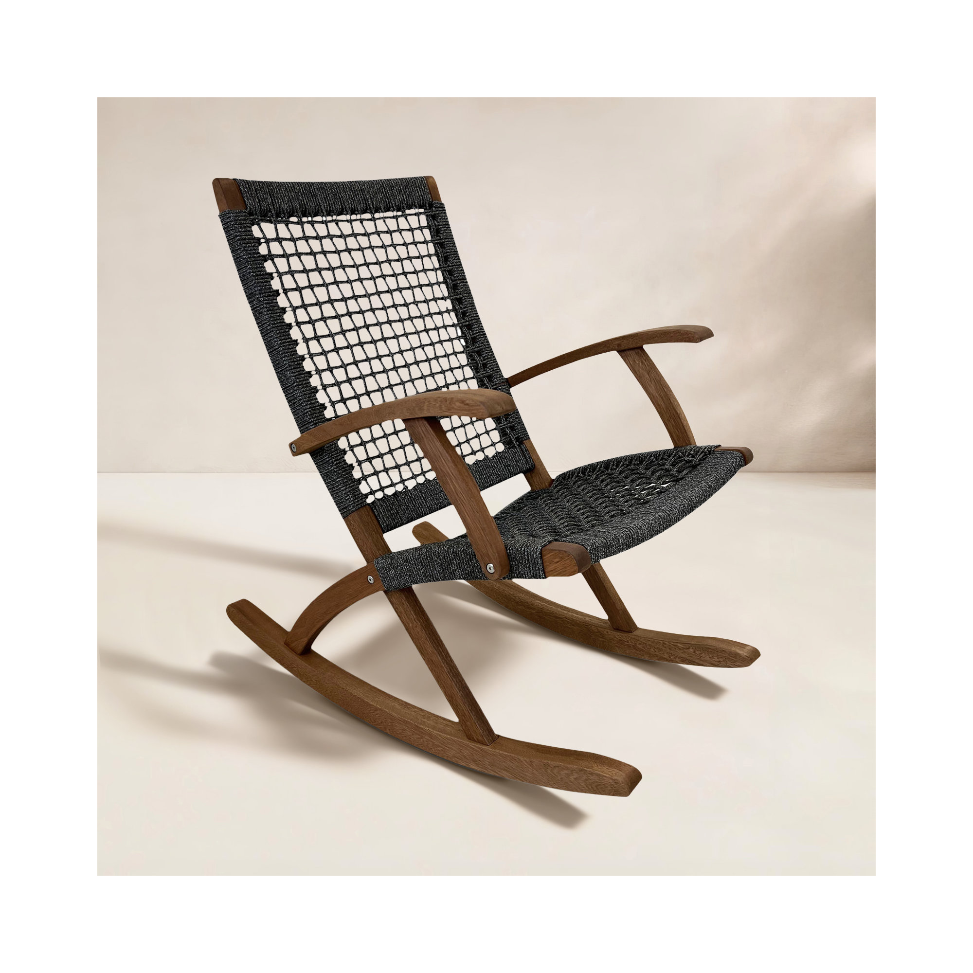 Outdoor Brayson Rocking Solid Wood Chair, Umber Brown/Gray Rope