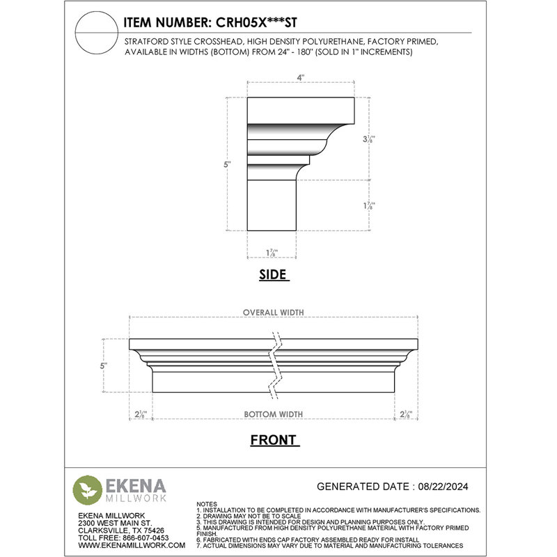 Panneau frontal Endurathane Stratford, largeur du bas 116 po x largeur du haut 120 3/8 po x H 5 po x P 1 7/8 po, apprêté en usine