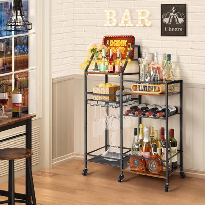 Rolling Bar Cart With Wine Glass Holder, Black & Brown by Prep & Savour