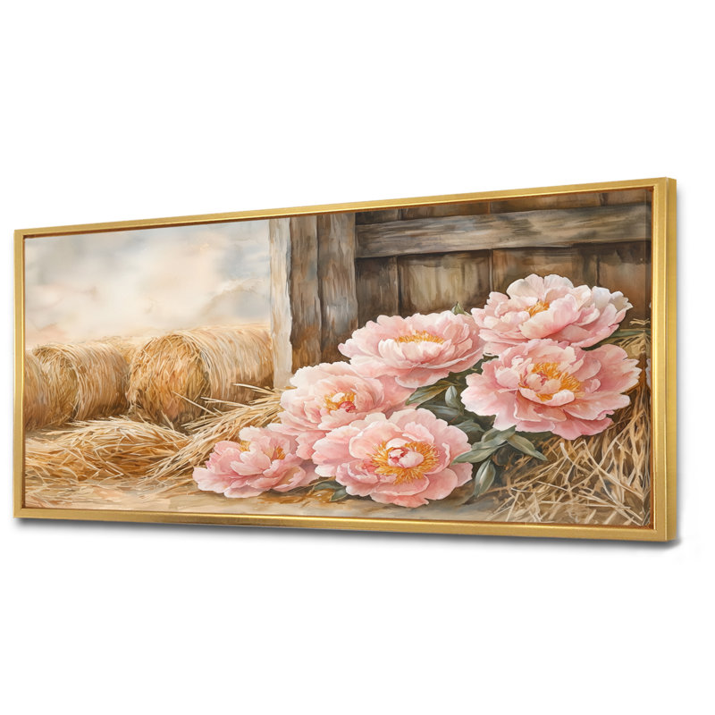 «Donoven Farm Pe pivons In The Hayloft III», art mural pivoines, H 28 po x l 60 po, Impression encadrée flottante, Doré