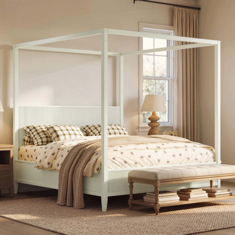 Lit plateforme à baldaquin en bois avec lattes de support, Très grand lit, Beige
