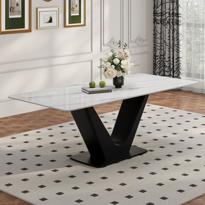 Table de salle à manger rectangulaire de luxe 71 po - Plateau en faux marbre avec base en acier au carbone en forme de V noir, table de cuisine contemporaine pour salle à manger