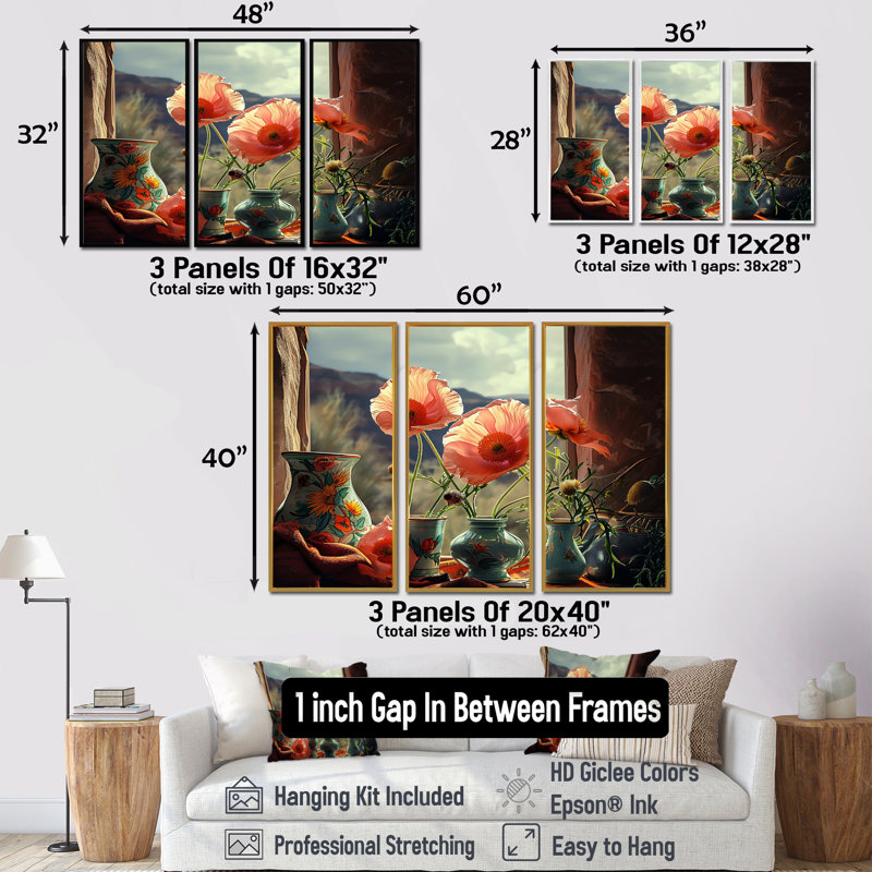 Dahmen - ensemble d'art mural coquelicot, H 40 po x l 60 po x P 1 po, Encadrement argenté