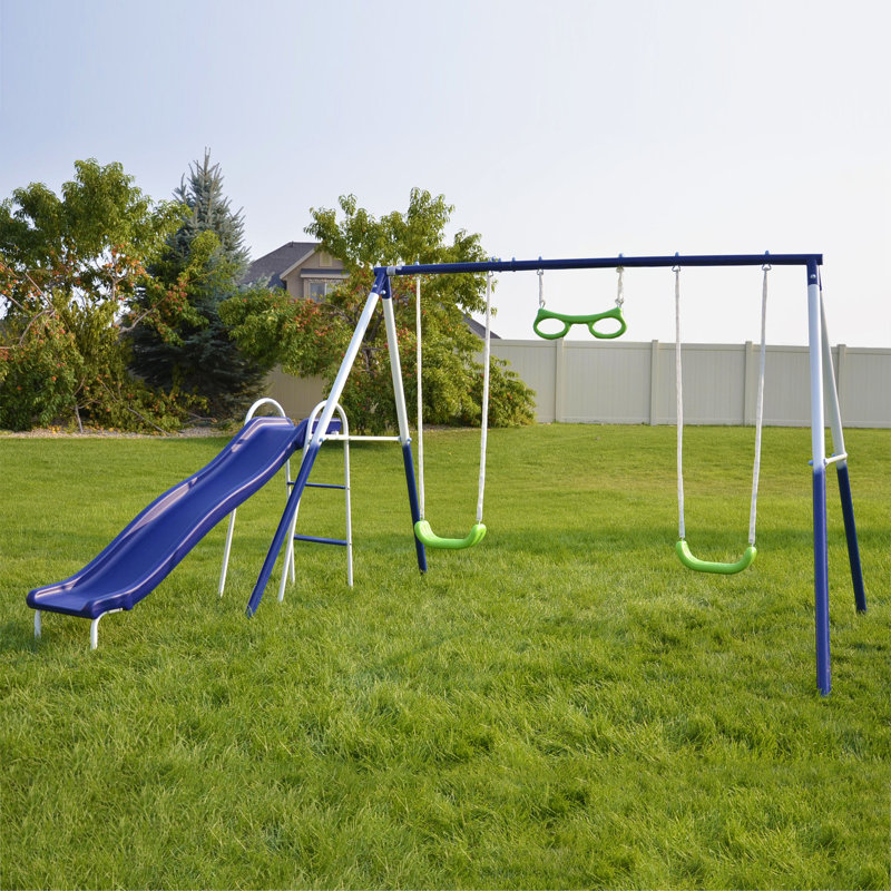 Sierra Vista Blue and Green Metal Swing Set with Slide