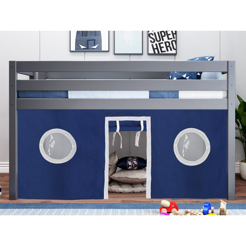 Johannes Solid Wood Twin Low Loft Bed with Ladder and Tent, Blue/White, Gray