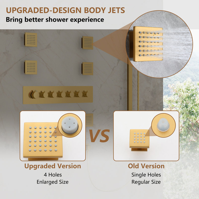 Rodeo 36-Inch LED & Music Rainfall Thermostatic Shower System with Slide Bar and 2-in-1 Handheld, Brushed Gold