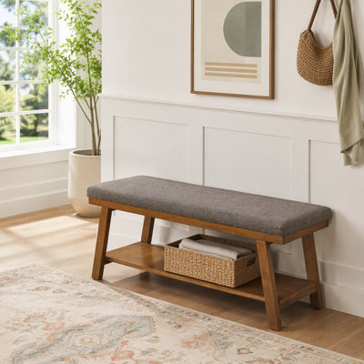 Linen Upholstered Storage Bench with Shelf