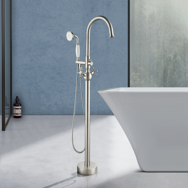 Topcraft Single Handle Floor Mounted Freestanding Tub Faucet with Handheld Shower, Brushed Nickel