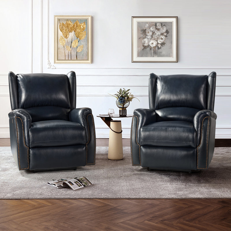 Fauteuil inclinable électrique en cuir véritable de 33,75 po de largeur, Cuir véritable bleu marine