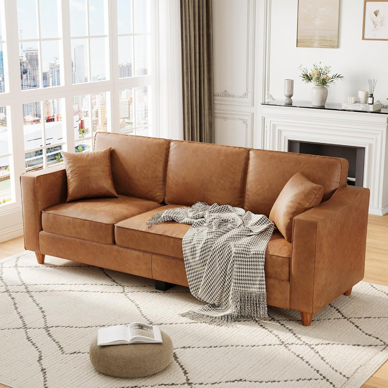 85" Faux Leather 3-Seater Sofa with Pillows & Wood Legs, Orange
