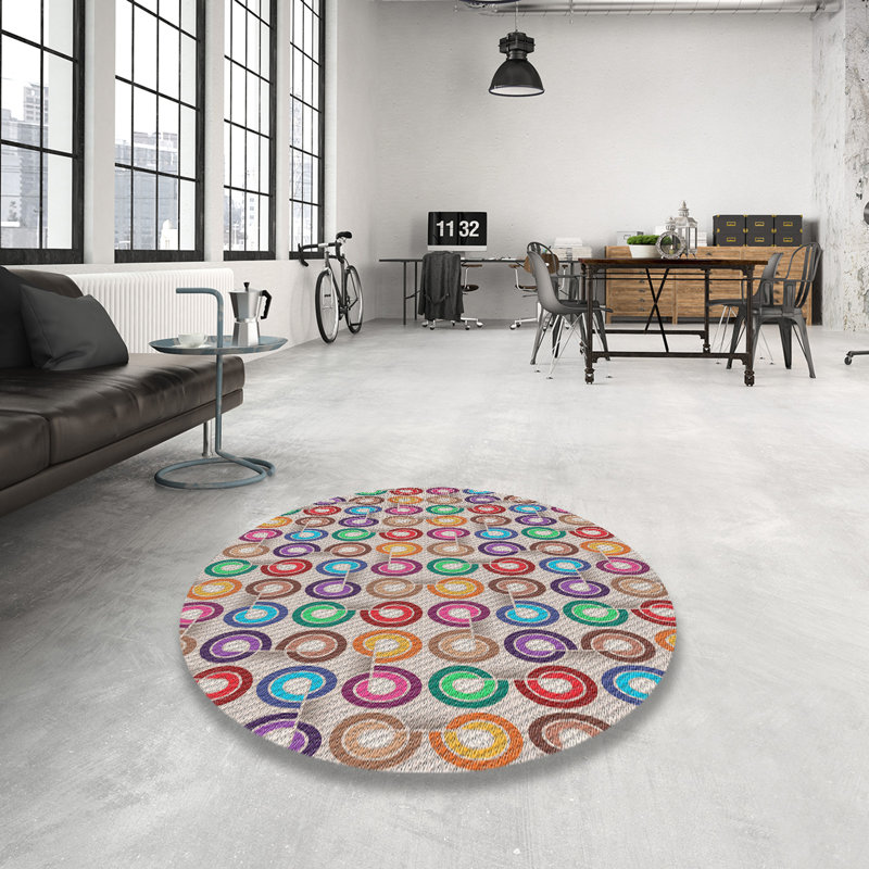 Tapis gris motif/orange/jaune, Rond 6 pi