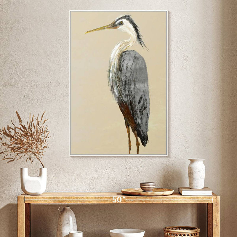 Héron sur fond brun clair II, Cadre flottant blanc, 27 po x 40 po