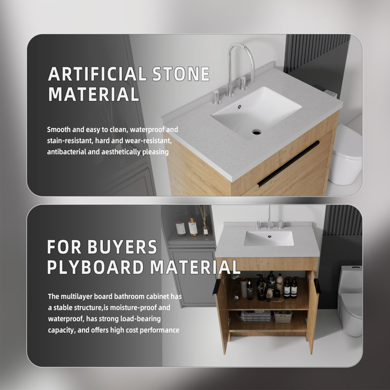Meuble-lavabo autoportant de 76 cm en contreplaqué avec comptoir et dosseret en marbre reconstitué, lavabo en céramique avec trop-plein, portes à fermeture amortie, chêne