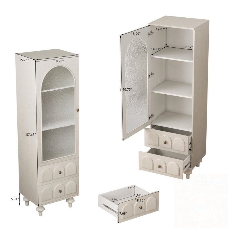 Armoire de rangement avec porte en verre trempé, deux tiroirs et une tablette réglable, Blanc