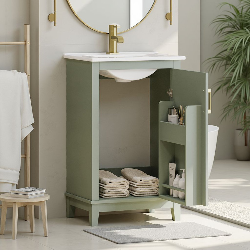 Meuble-lavabo étroit moderne de 20 po avec lavabo en céramique, pieds en bois massif et porte à fermeture en douceur avec tablettes doubles, vert