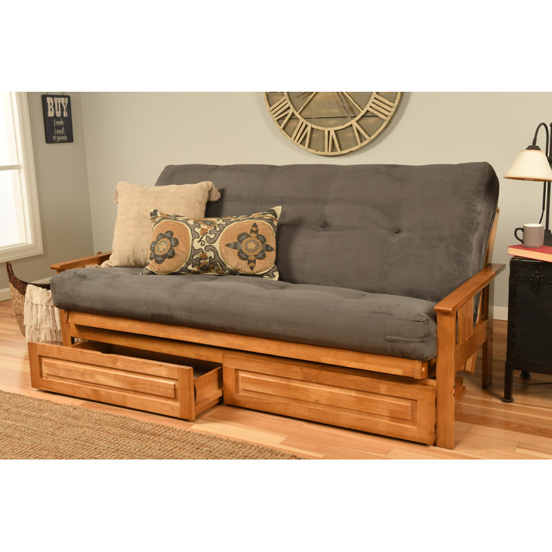 Le cadre de futon double Stratford comprend des tiroirs de rangement et un matelas, Noyer cendré, Microsuède gris suède