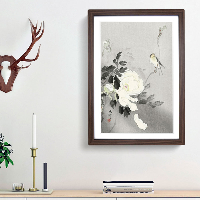 Swallow with Peony by Ohara Koson - Picture Frame Art Prints, 65cm H x 48cm W x 2cm D, Walnut Framed
