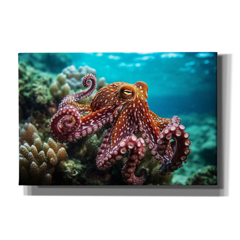 Pieuvre en mer sur toile, H 12 po x l 18 po x P 0,75 po