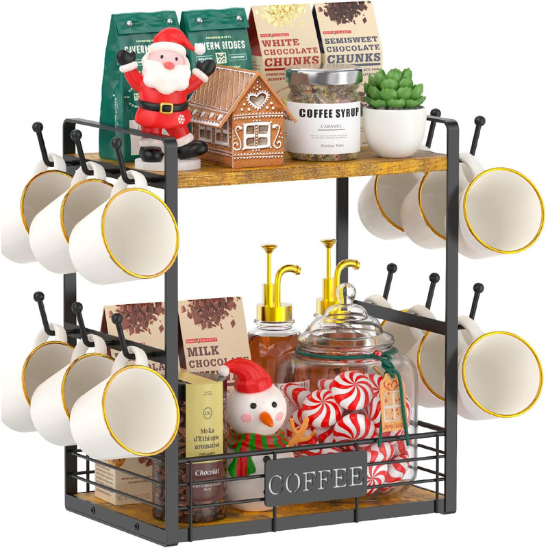 2 Tier Coffee Bar Organizer Countertop Station Shelf For Home Office, Multi-Functional Coffee Mug Cup Holder Stand, Accessory Storage Rack With 12 Hooks, Space-Saving Coffee Nook Enhancer