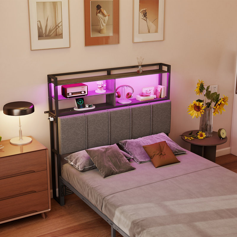 Tête de lit tapissier pour lit simple avec tablettes à 3 niveaux, lumières DEL et station de charge, tête de lit réglable en hauteur avec dossier souple, gris