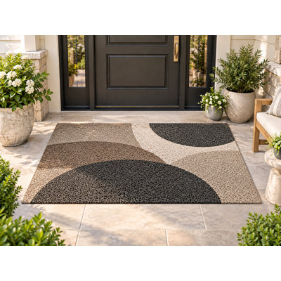 5' x 7' Outdoor Area Rug Abstract Half Circle Beige Black Heavyweight Waterproof PVC Coil Loop Carpet, Patio Rug Quick Dry Mat for Large Doormat Porch Deck Balcony Entryway RV Camping
