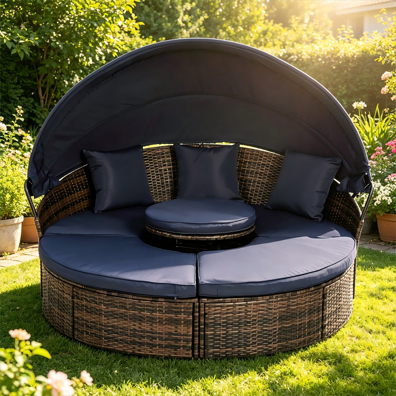 KD Rattan Round Lounge With Canopy Bali Canopy Bed Outdoor, Wicker Outdoor Sofa Bed with Lift Coffee Table, Navy Blue