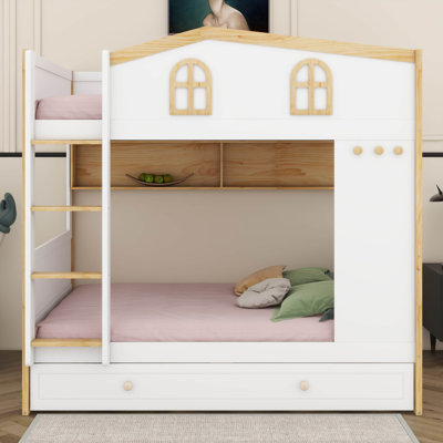 Lit superposé avec garde-corps en forme de maison et lit gigogne, lit superposé en bois avec tablettes de rangement