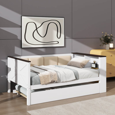 Lit de jour simple en bois avec rangement, dossier rembourré, ports USB et lit gigogne