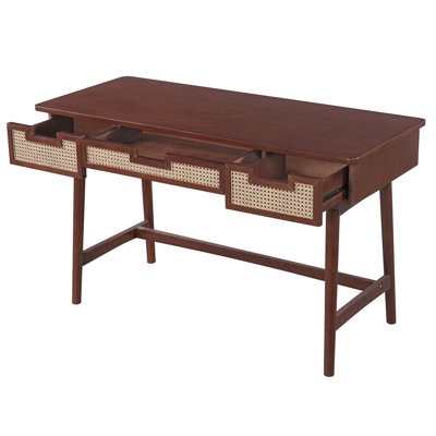 Bureau en bois de rotin avec 3 tiroirs en rotin, placage en bois d'hévéa et MDF. Table de console multifonctionnelle avec système antibasculement, idéale pour le salon, la chambre à coucher et le bureau.