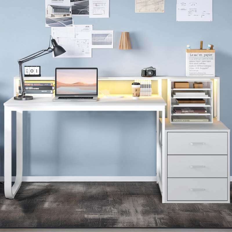 Modular Computer Desk with Built-In Electrical Outlet, White