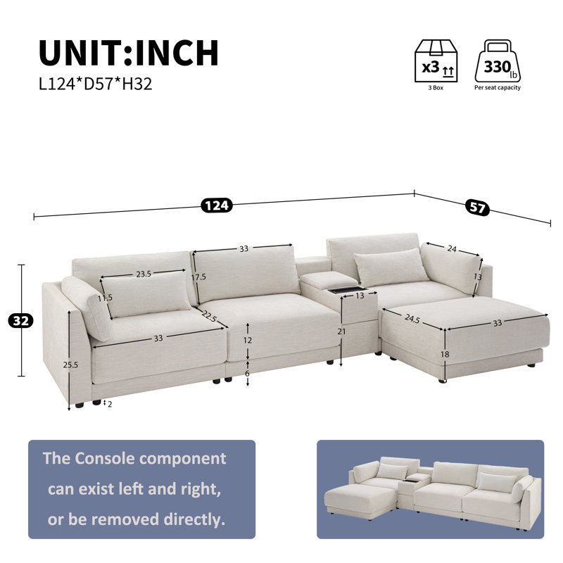 124" Chenile Sectional Modular Couch With With Storage Console And Movable Ottoman,Convertible L Shaped Sofa Couch With USB Charger For Living Room