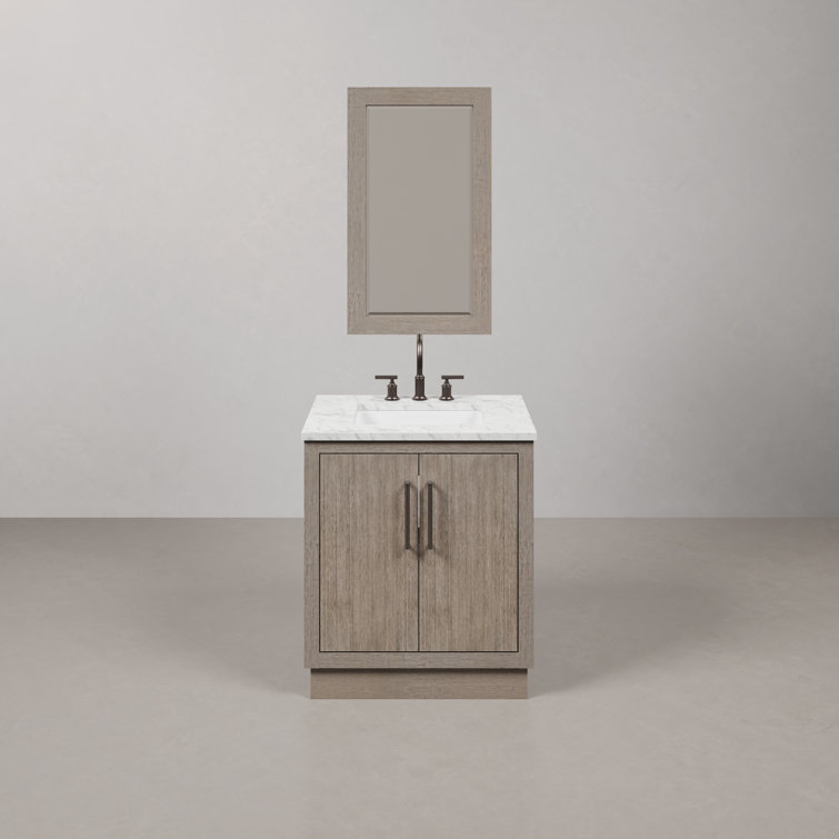 Kamila 30 In. Single Sink Carrara White Marble Countertop Vanity In Grey Oak With Gooseneck Faucet And Mirror