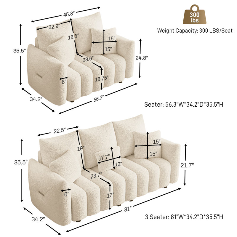 Two Piece Modern Teddy Fleece Upholstered Cloud Sofa Set, Light Brown