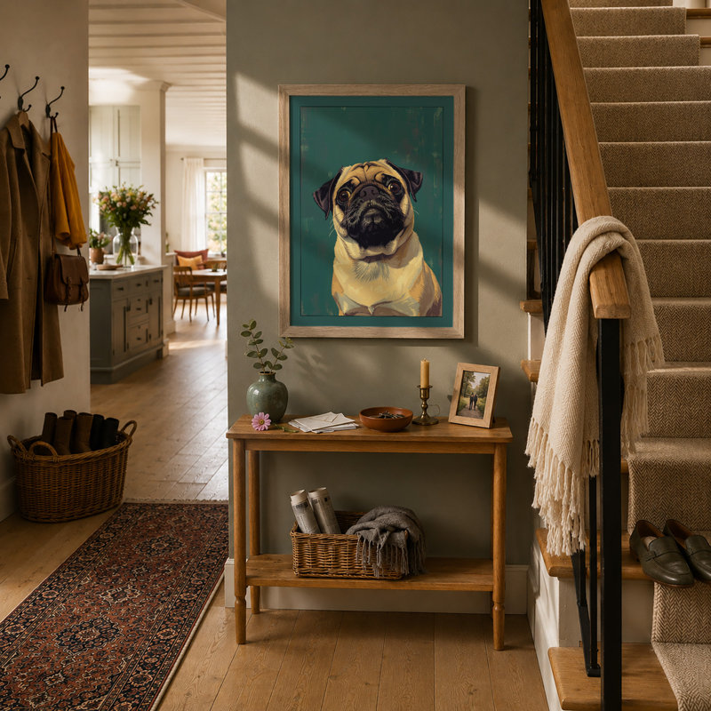 Pug Portrait Vintage - Print, A1 - 84.1 x 59.4 cm, Oak