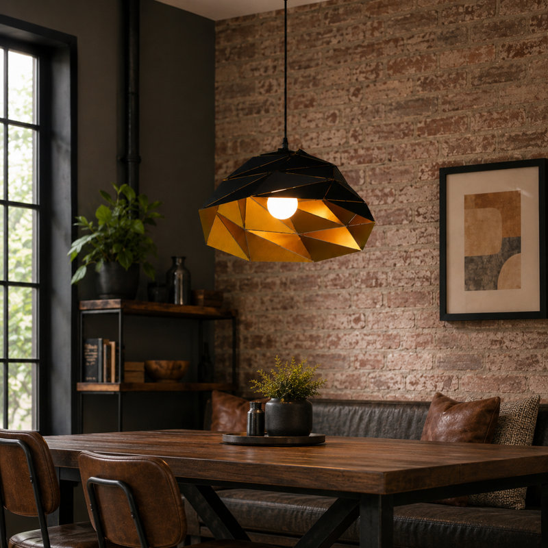 Luminaire suspendu dôme géométrique noir mat à 1 lumière 14,8 po avec abat-jour facetté en métal