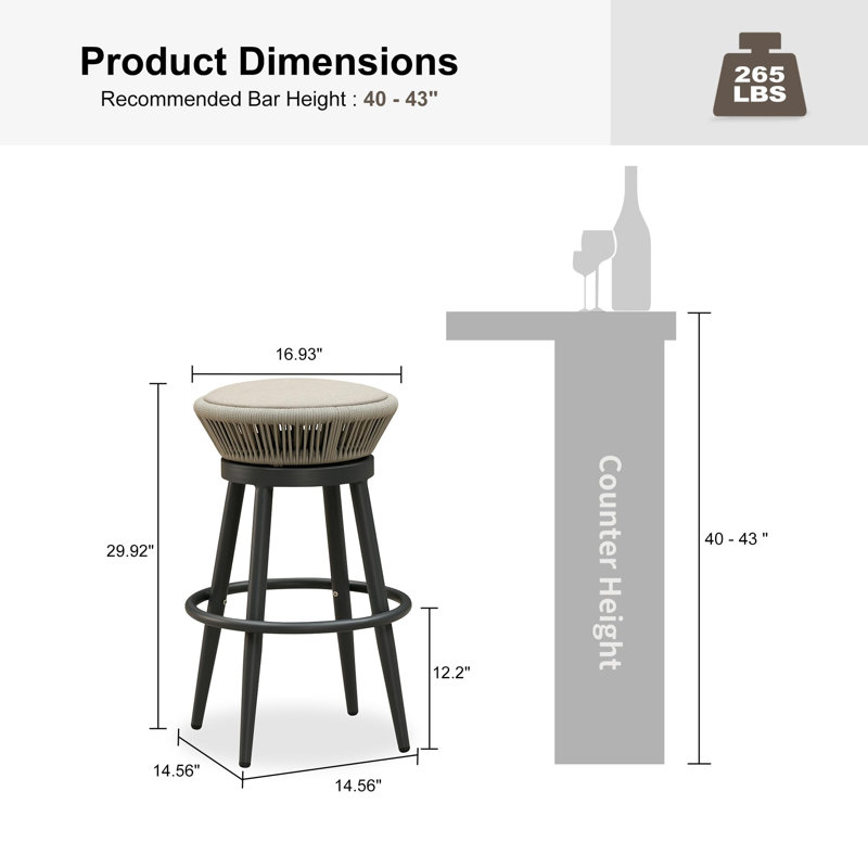 Mauve d'extérieur 2 pièces Tabourets de bar rotatifs modernes, chaises de bar en aluminium sans dossier avec coussin, Grey