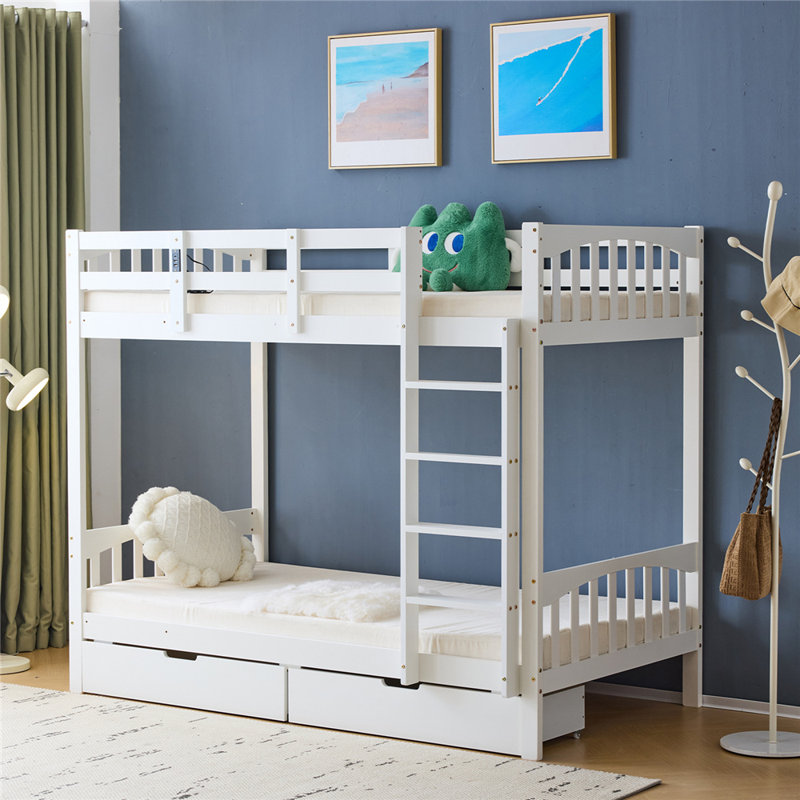 Solid Wood Twin-Over-Twin Convertible Bunk Bed With 2 Drawer, White