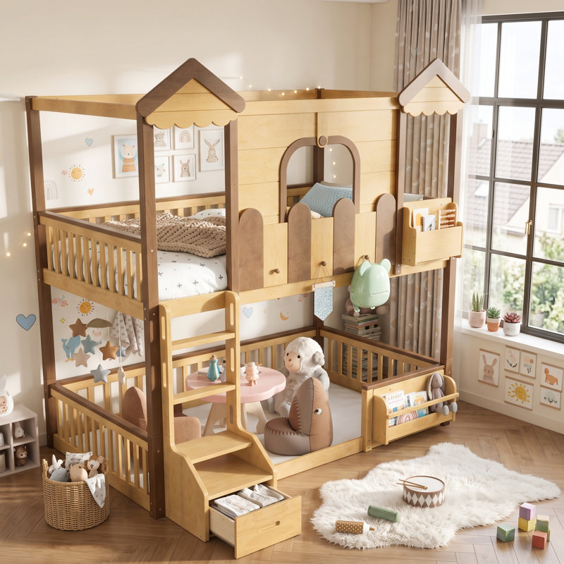 Lit superposé Benedict Playhouse avec rangement et conception détachable, lit pour enfants en bois massif, Naturel