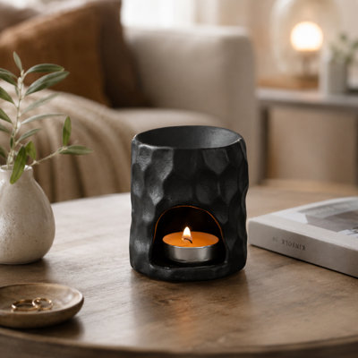 Ceramic Tealight Candle Holder & Oil Burner, Wax Melt Warmer, Incense Aroma Diffuser Black Geometric Design, Perfect for Bedroom, Bathroom, Office, Desk, Festival Gift