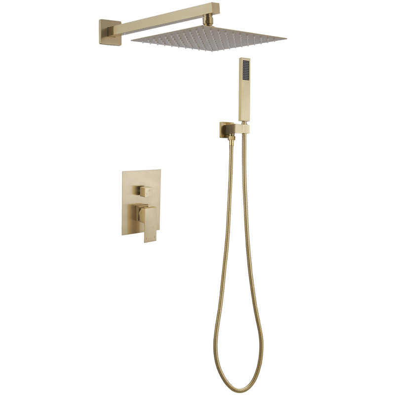 VIBRANTBATH Système de robinet de douche encastré à double tête en or brossé 12 po Aura avec inverseur bidirectionnel (soupape à pression équilibrée incluse)