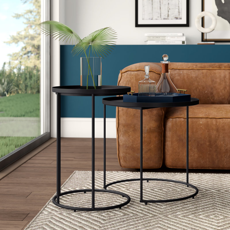 Monet 24"W Metal Industrial Nesting End Table Set with Round Fixed Tray Tops