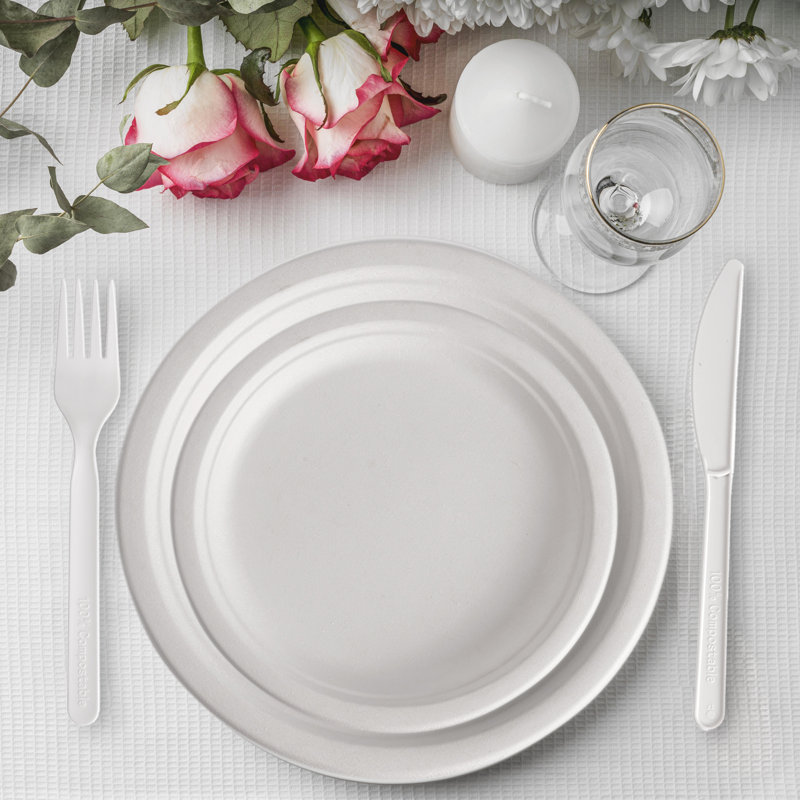 Compostable Disposable Paper Plates Combo and Utensil Set - 25 Sets