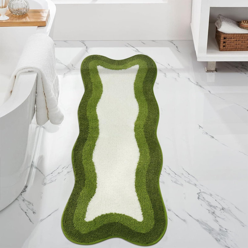 Green Irregular Shape Bathroom Runner Rug - 18x47" | Non-Slip, Soft & Washable | Absorbent for Bathtub/Sink/Shower/Bedroom