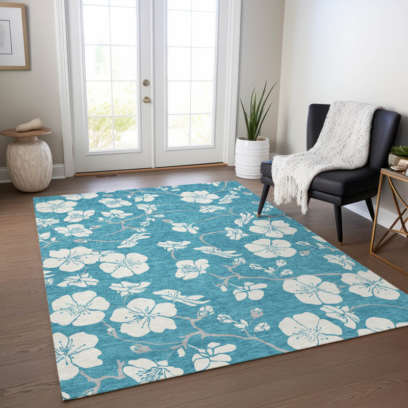 Turquoise Floral Synthetic Washable Non-slip Rectangular Rug
