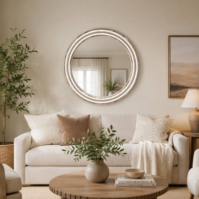 Miroir décoratif rond en bois 35,43 pouces pour la décoration murale, miroir rustique circulaire pour la chambre à coucher, la salle de bain, le salon, le miroir d'entrée pour la maison et le bureau