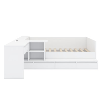 Wooden Platform Bed With Drawers, Shelves And Dressing Table