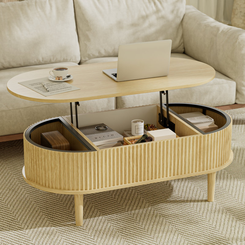 Table basse carrée ovale relevable de 40 pouces avec compartiment de rangement dissimulé, Naturel